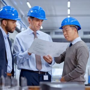 photo of a group of male engineers reviewing some blueprints
