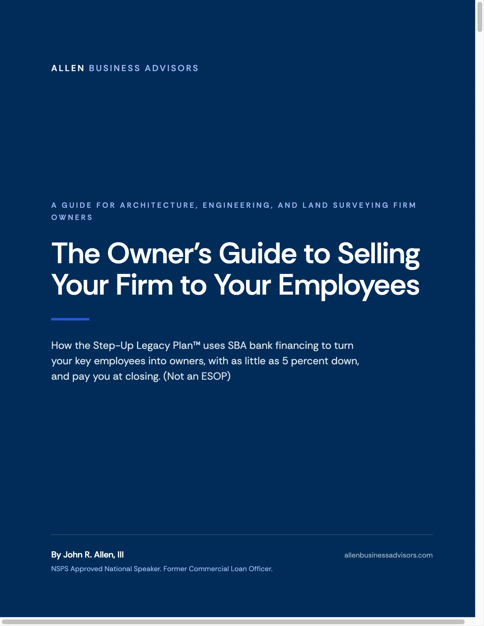 Cover of the free guide, The Owner's Guide to Selling Your Firm to Your Employees