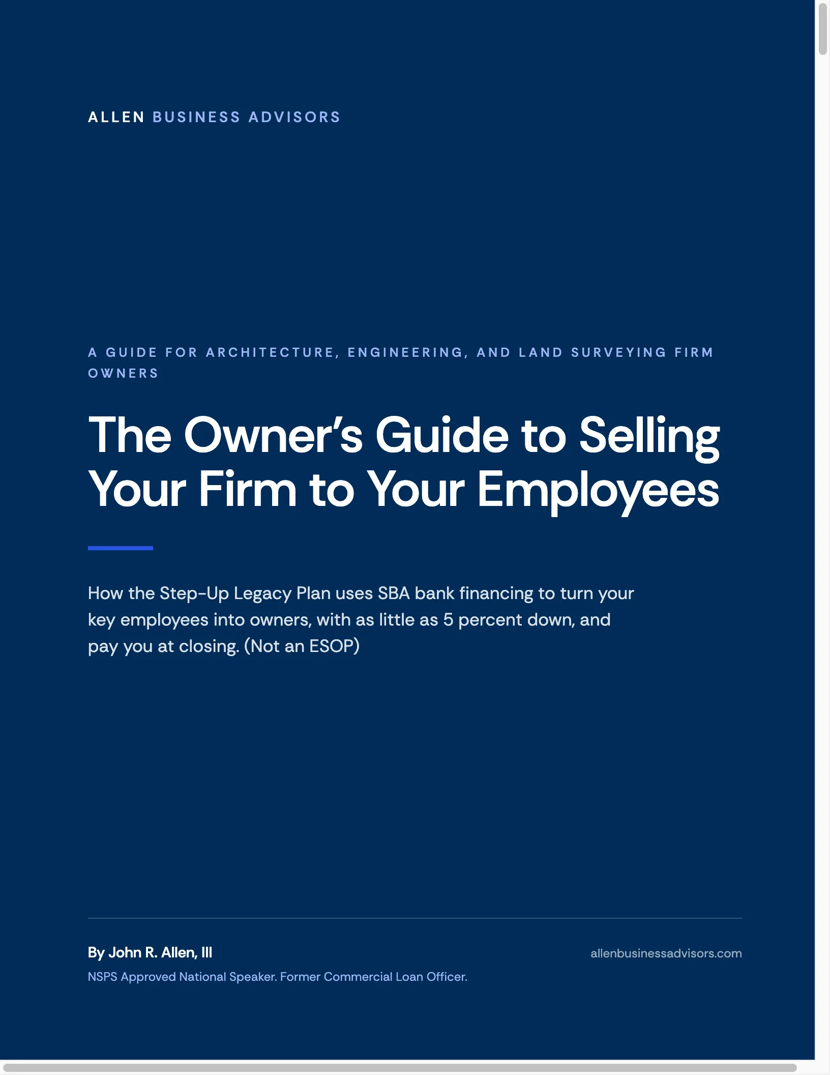 Cover of the free guide, The Owner's Guide to Selling Your Firm to Your Employees