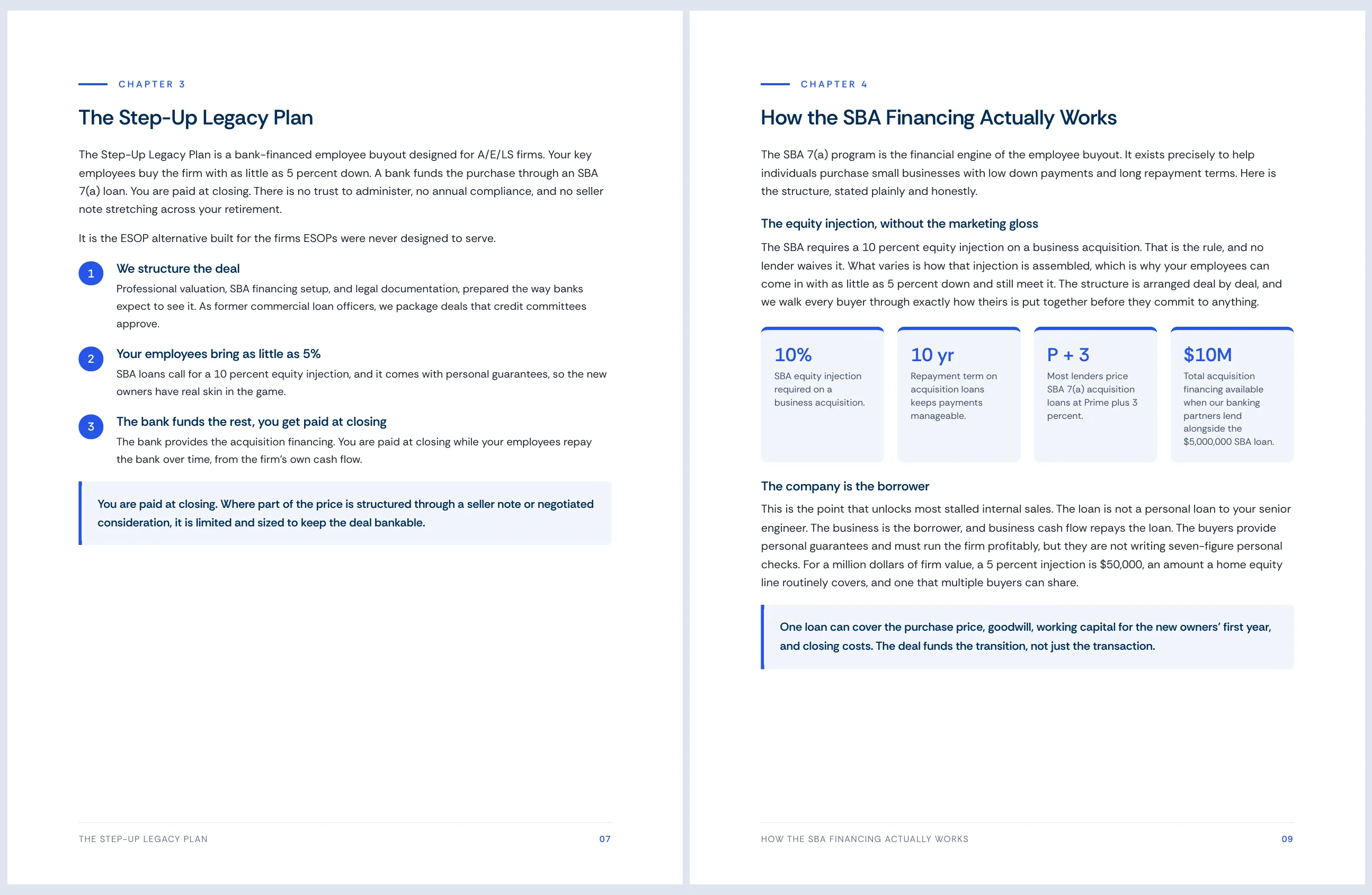 Interior pages of the guide showing the Step-Up Legacy Plan and SBA financing chapters