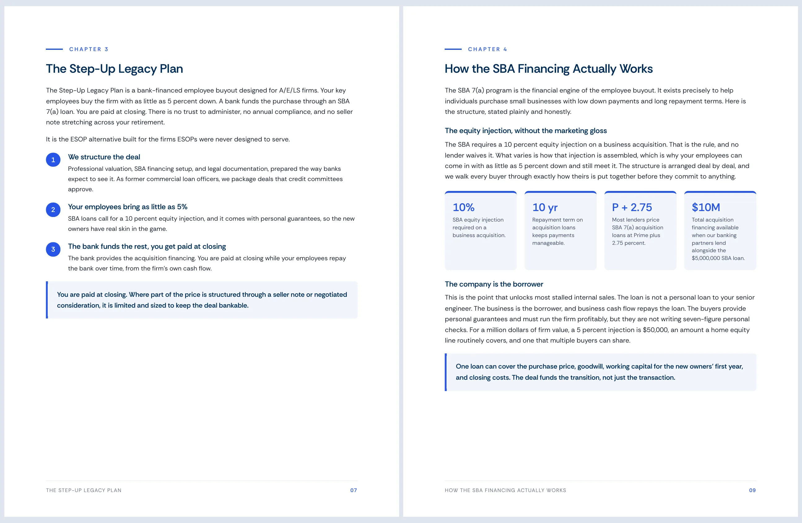 Interior pages of the guide showing the Step-Up Legacy Plan and SBA financing chapters
