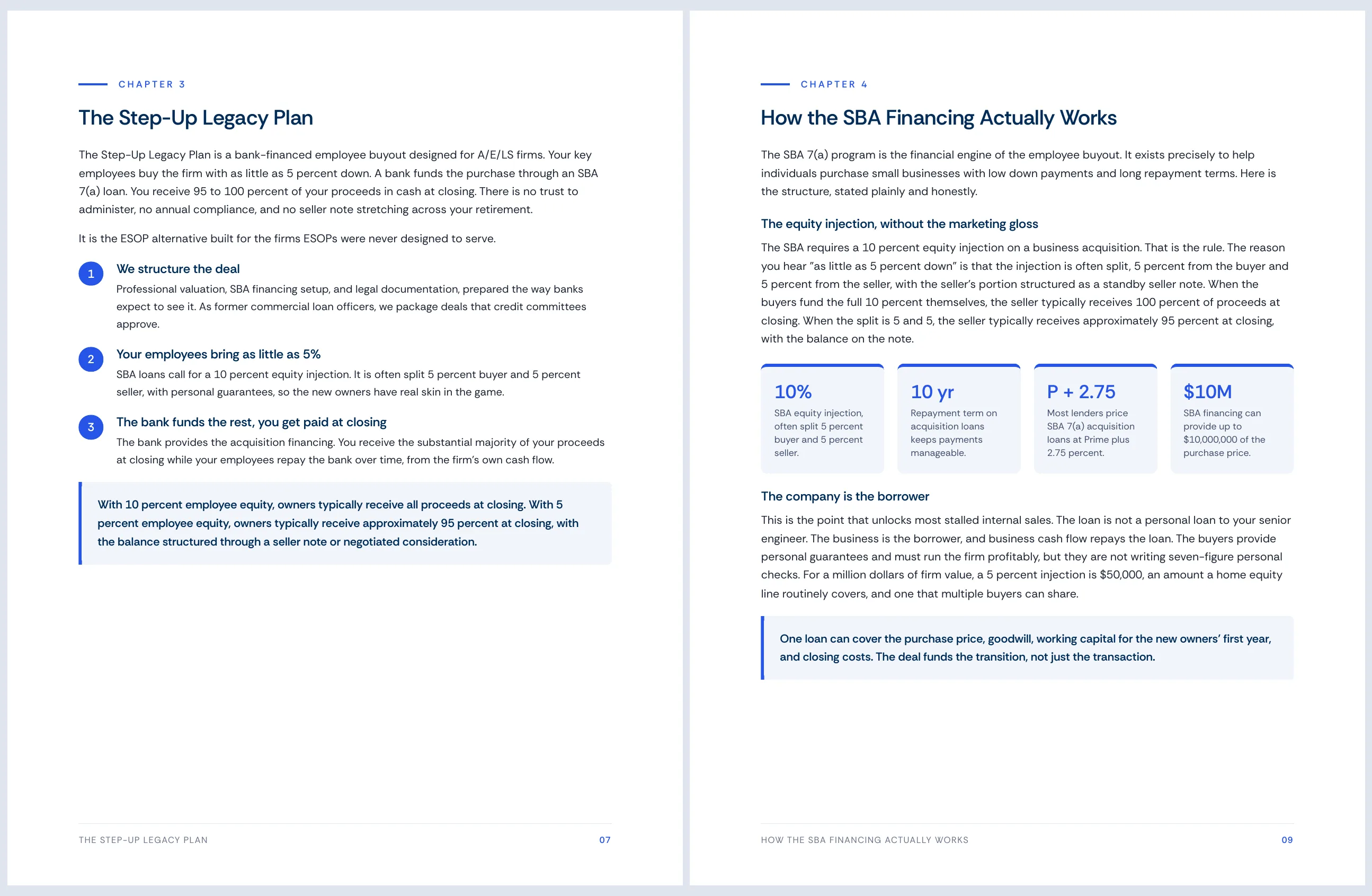 Interior pages of the guide showing the Step-Up Legacy Plan and SBA financing chapters